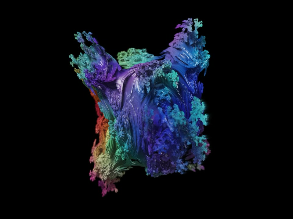 Luminous folded fractal surfaces suspended in black, captured from Lumen's Form Atlas.