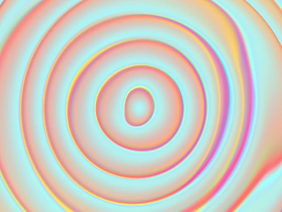 Pastel cyan, coral, and gold folds radiating through the pearlescent light field of Opalia.