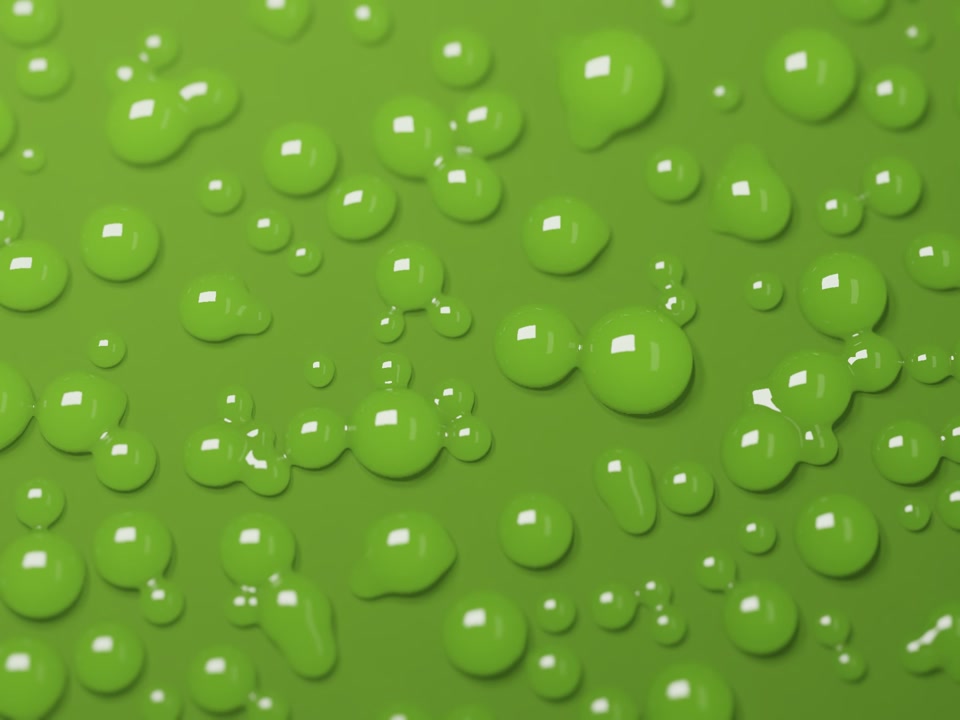 Luminous green water droplets gathering on a pale surface, captured from Undra.
