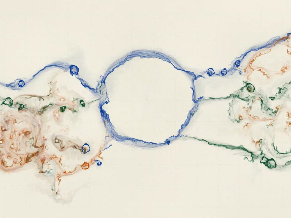 Fine blue, green, and orange pigment currents flowing through circular basins and branching channels on warm, lightly gridded paper.